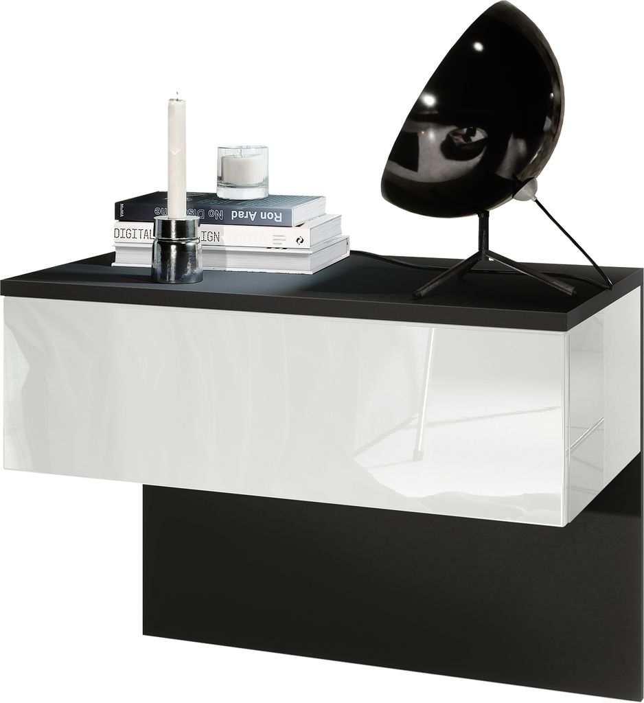 Vladon Nachttisch Sleep, Germany, Nachttischschrank mit Schublade zur Wandmontage, Schwarz matt/Weiß Hochglanz (60 x 46 x 35 cm)
