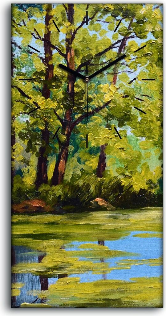 Wandbild Leinwand Bilder Wanduhr 30x60 Malerei Landschaft Fluss im Herbstwald - schwarze Hände