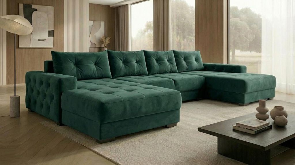 Ecksofa MODENA mit Schlaffunktion, Bonellfederkern und Bettkasten, Farbe: Grün