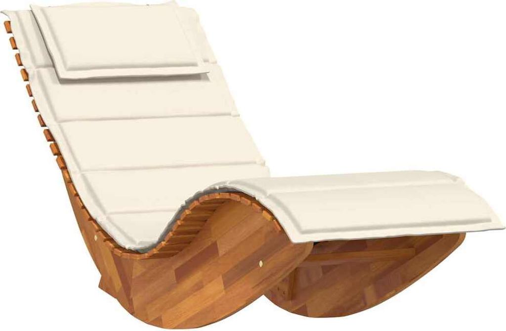 A wooden rocking lounge chair with a cream-colored cushion, shown against a white background.