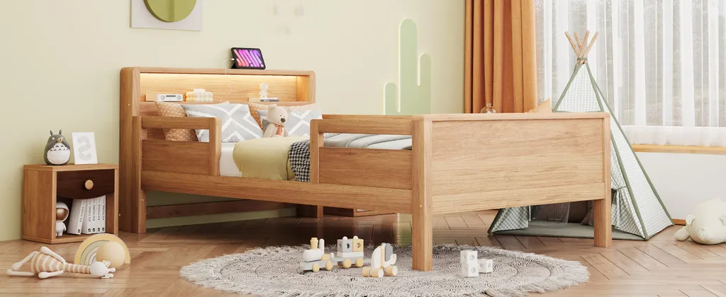Lit Simple 90x200 cm Multifonctions en Pin Naturel avec LED et USB - 19