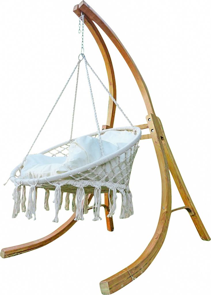 ASS DESIGN Hängesesselgestell mit Hängesessel Holzgestell Hängestuhl mit Gestell aus Holz Lärche Modell CATALINA 100cm komplett mit großem Kissen