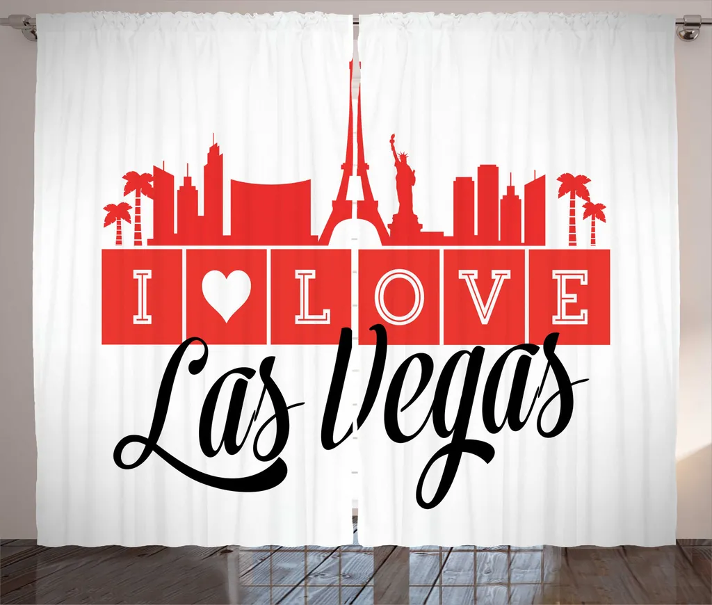 ABAKUHAUS Las Vegas Tenda rustica, Scritta con attrazioni turistiche, Tende universali per soggiorno con passanti e ganci, 280 x 245 cm, Nero vermiglio