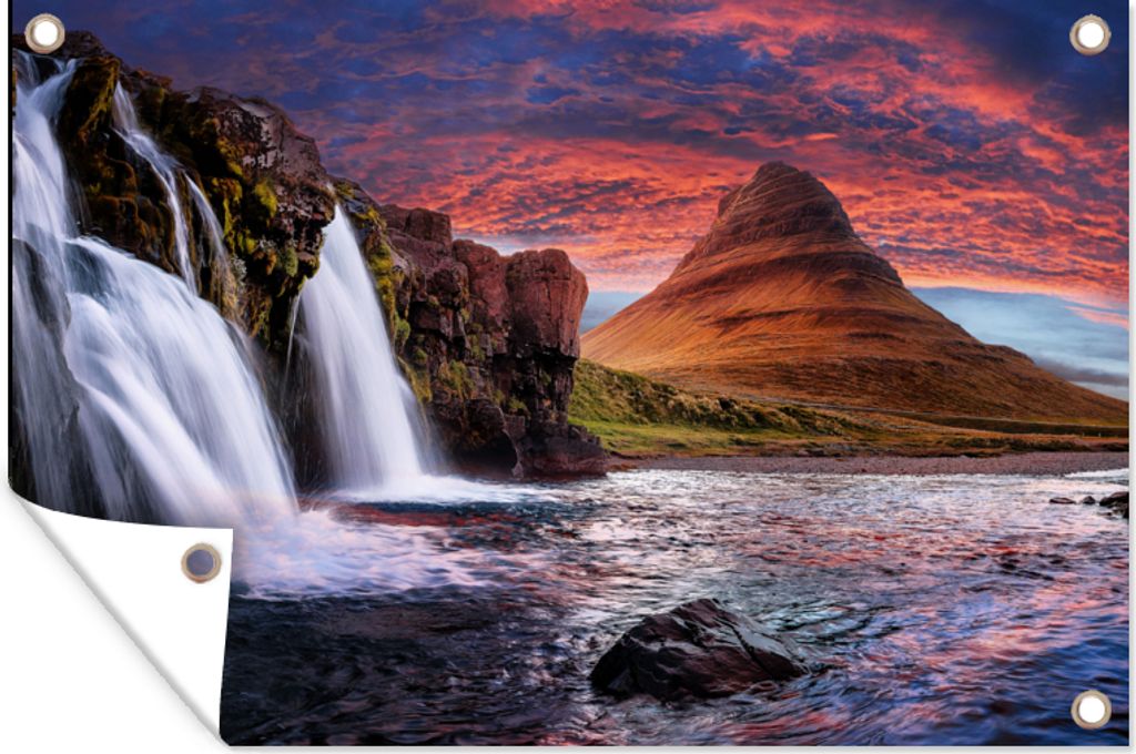 MuchoWow 60x40 cm Outdoor-Poster Gartendeko Sichtschutz Garten Poster für den Garten Wasserfall - Berg - Wolken - Rosa - Landschaft