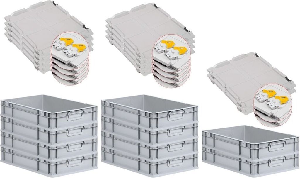 SuperSparSet 10x Eurobox NextGen Economy mit Scharnierdeckel und gelben Schiebeschnappverschlüssen | Griffe geschlossen | HxBxT 12x40x60cm | 23 Li...