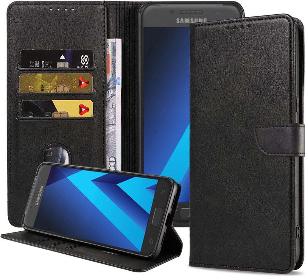 Passend für Samsung Galaxy A3 2017 Handytasche Kunstleder mit magnetischer Lippe und Kartenhalter Buchhülle mit Klappe - Schwarz - Smartphonics