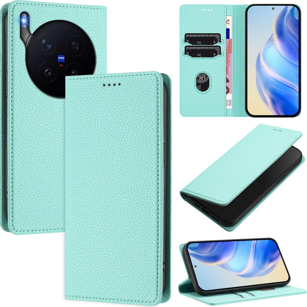 Litchi Leder Handyhülle für vivo X300 Pro Wallet Kartenfächer Standfunktion Hülle Türkis