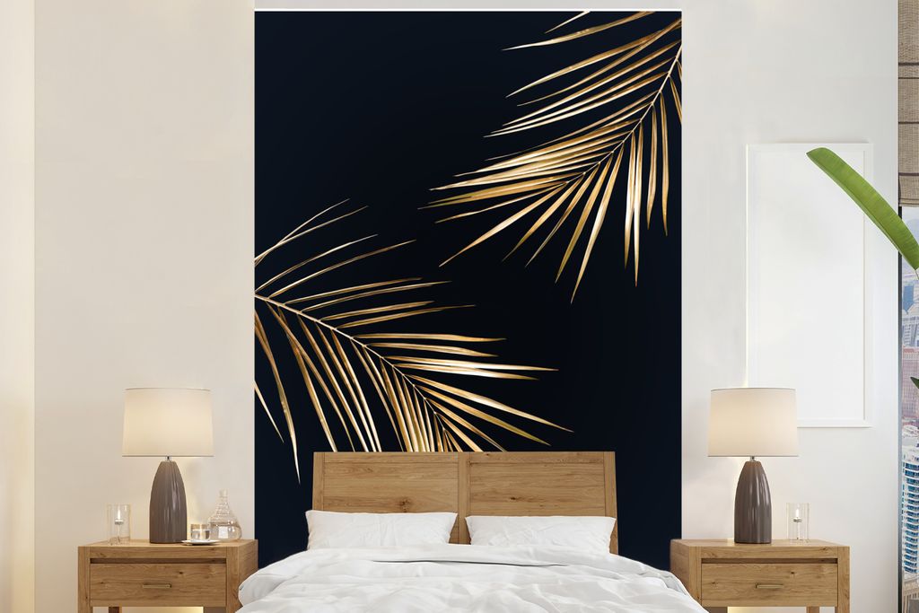 MuchoWow Fototapete für Wohnzimmer oder Schlafzimmer Wandtapete Vinyl Motivtapete Farne - Pflanzen - Gold - 170x260 cm - Wohnzimmertapete