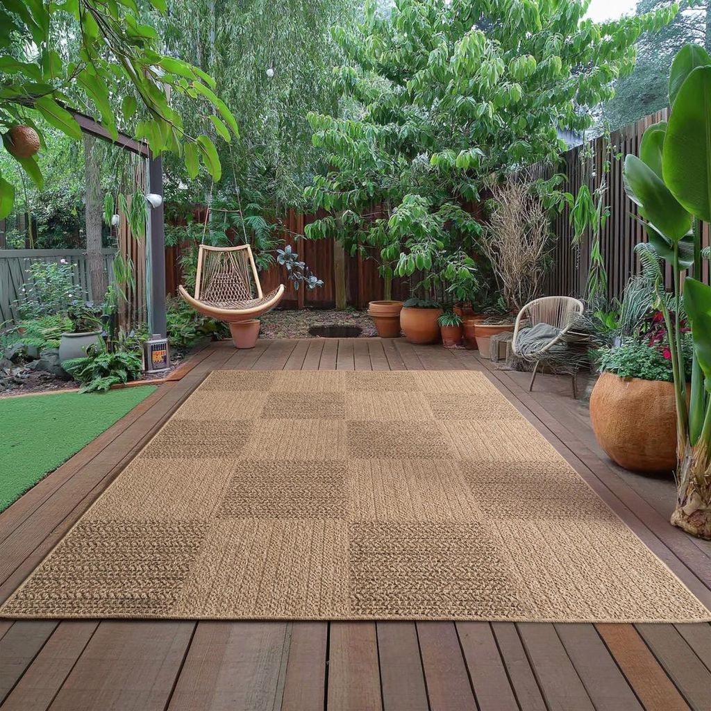 Beiger Teppich für drinnen und draußen, maschinengewebt, natürliche Jute-Optik, für Wohnzimmer, Küche, Terrasse und Balkon 160 x 230 cm