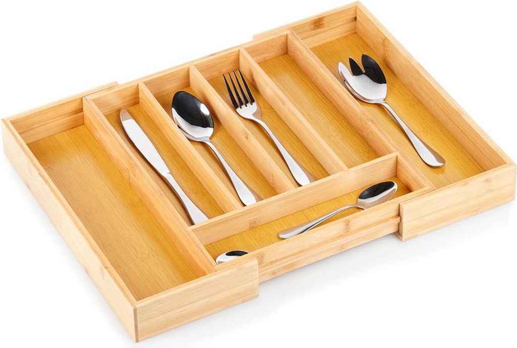 A bamboo cutlery organizer with various utensils inside, placed on a white background.