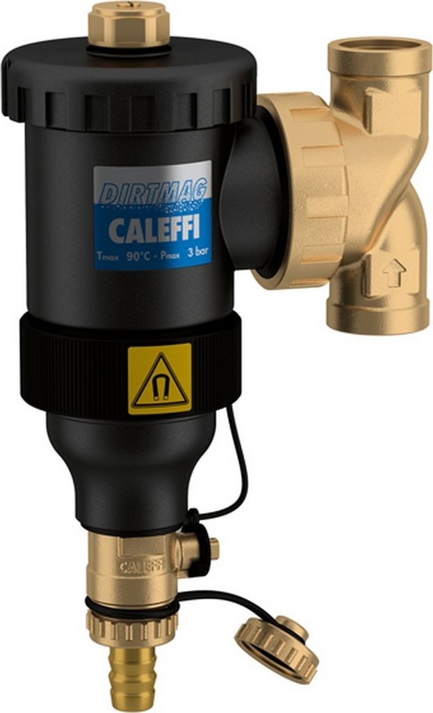 A Caleffi DIRTMAG dirt separator with a magnetic filter, shown against a white background.