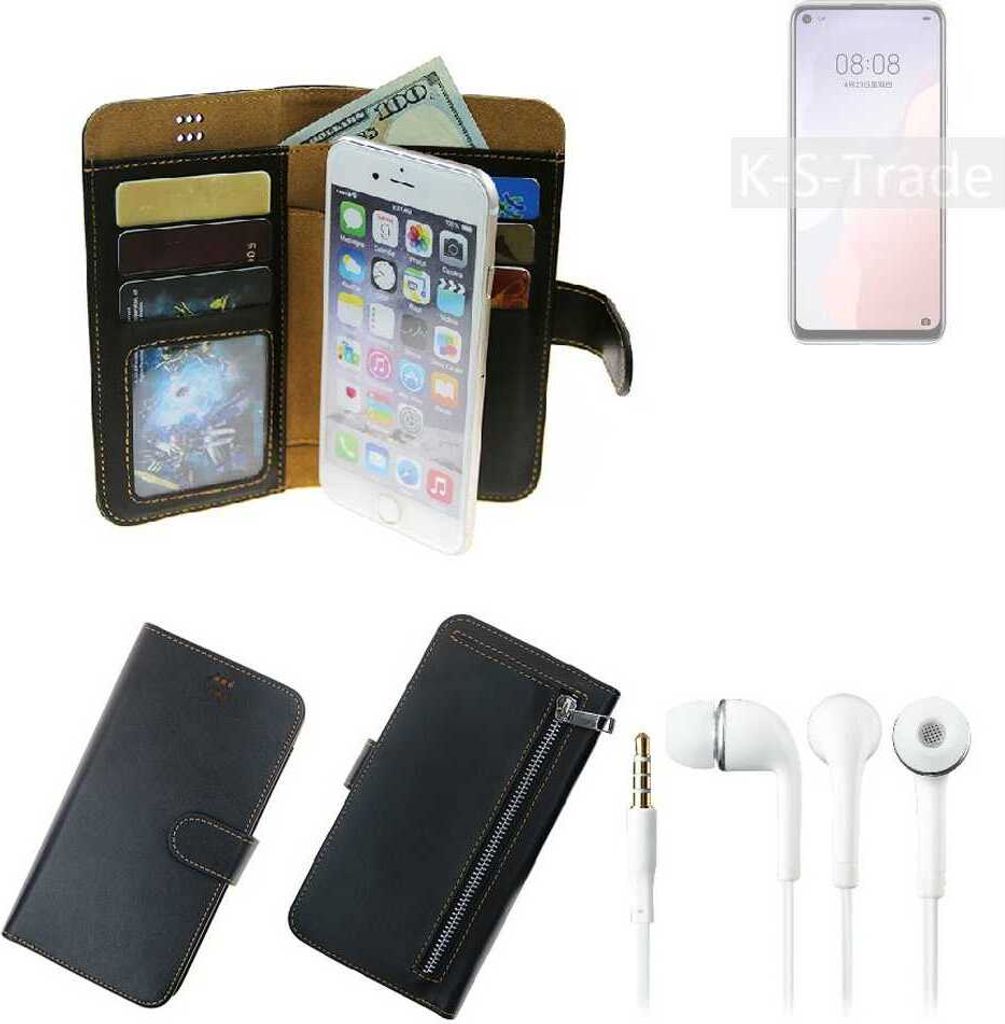 TOP SET Handy Hülle Schutz Hülle kompatibel mit Huawei nova 7 SE 5G Vitality Edition schwarz aus Kunstleder + Kopfhörer Smartphone Tasche