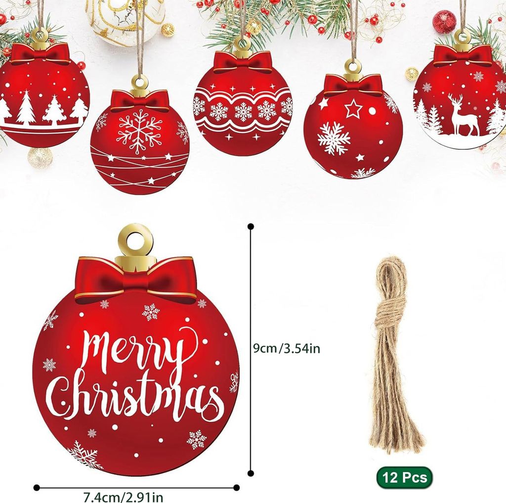 12 Stück Weihnachtskugel-Ornamente aus Holz, Weihnachtsbaum-Hängekugel-Dekoration für Urlaub, drinnen und draußen, Zuhause, Party-Dekoration