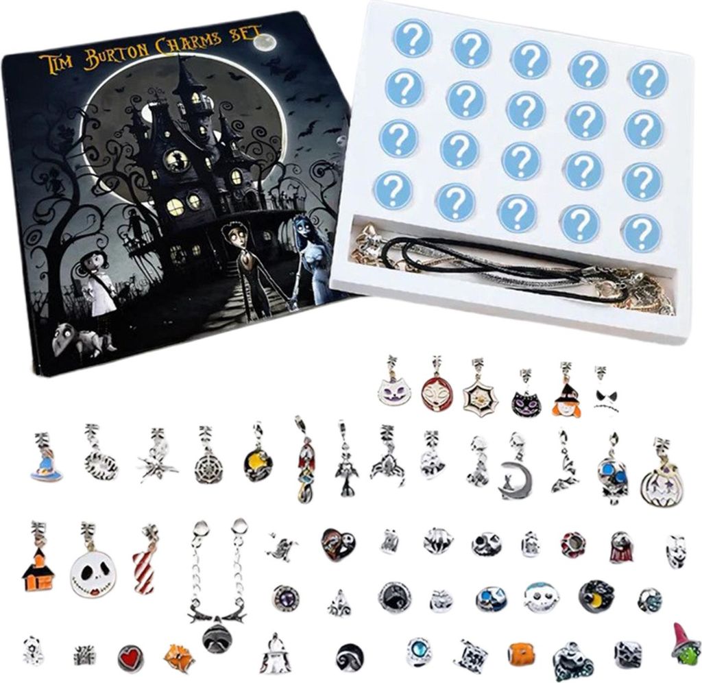 A collection of Tim Burton-themed Halloween charms and a necklace, presented in a box with question mark icons.