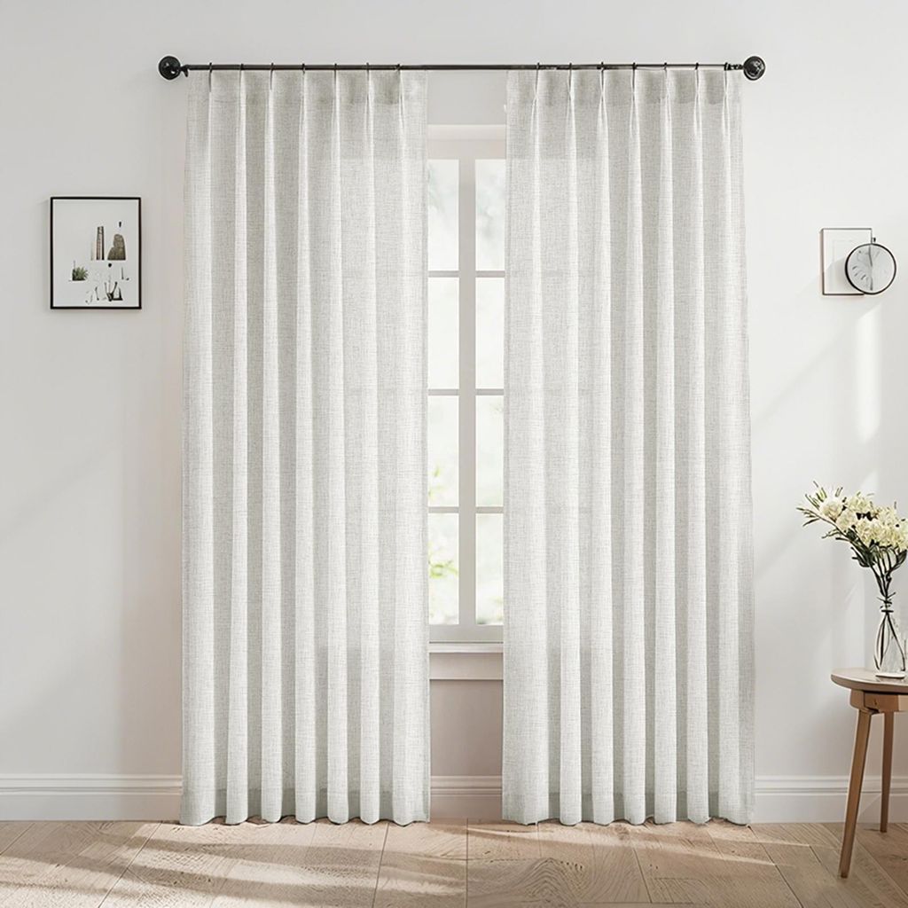 Easy Home Faltenvorhang - Leinen-Struktur Lichtfilternd - Blickdicht mit Haken 102x213 cm Hellgrau Set