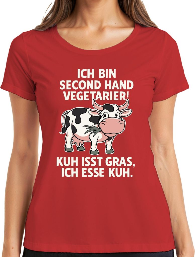 Secondhand Vegetarier Kuh isst Gras ich esse Kuh Bauernhof Lustig Damen T-Shirt, Rot, M