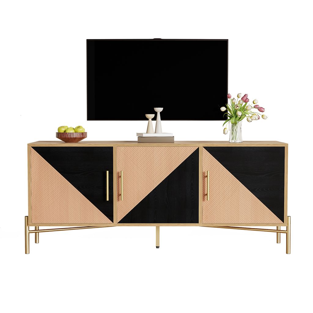 TV-Schrank mit Goldene Griffe und Beine Braune und Schwarze Holzmaserung TV-Tisch TV-Ständer TV-Schranktisch für Wohnzimmer 123,5 cm
