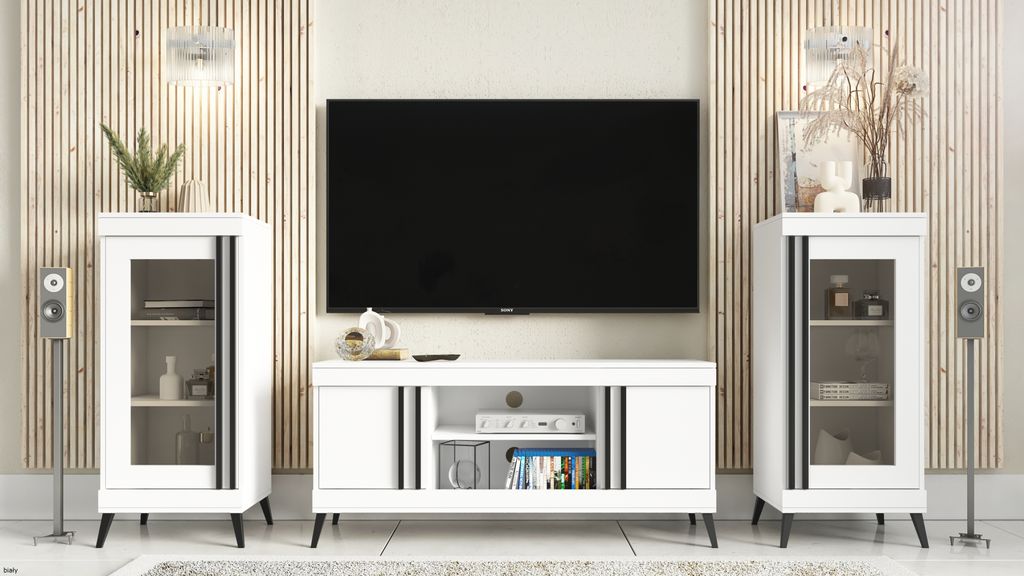 COSMO Wohnwand TV-Schrank Set auf Beinen, Wohnzimmerset, Fernsehtisch und 2 Vitrinen - Weiß