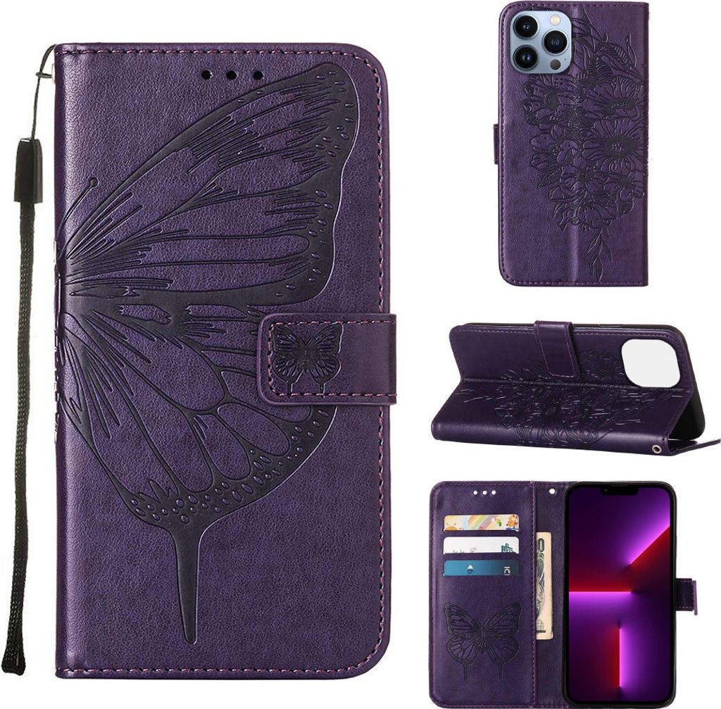 iPhone 13 Pro Hülle, Schmetterling Prägung Flip Leder Kartenfächer Schutzhülle Ledertasche mit Ständer für iPhone 13 Pro Lila
