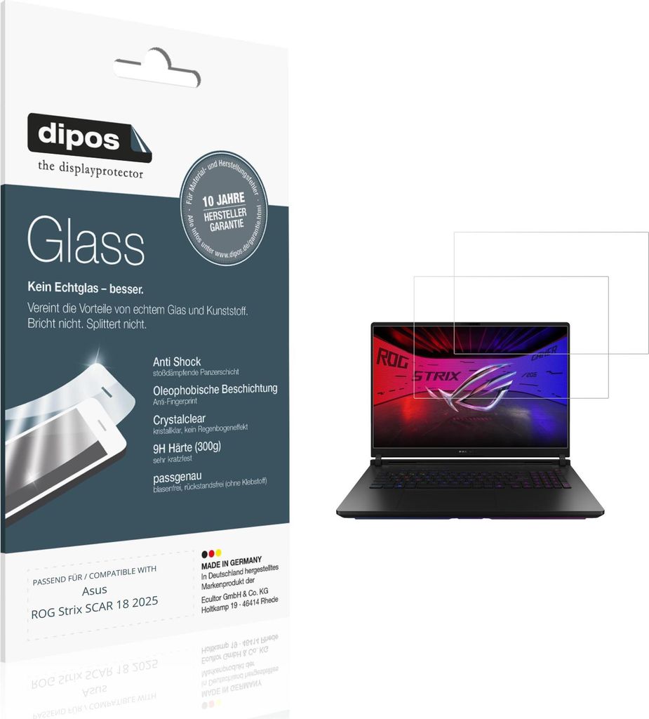 2x Schutzfolie für Asus ROG Strix SCAR 18 2025 - Anti-Shock 9H Folie dipos Glass Kunststoffglas