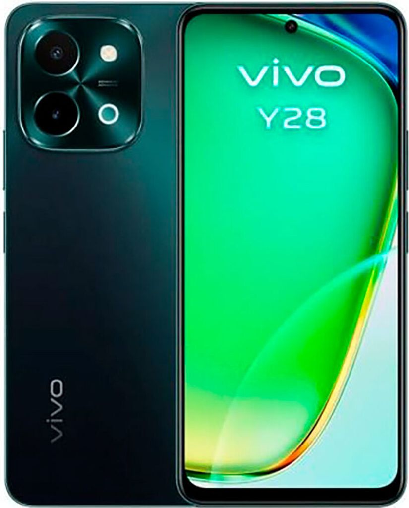 A marketing image of the VIVO Y28 smartphone, showing its rear camera module and front display with brand logo and model name.