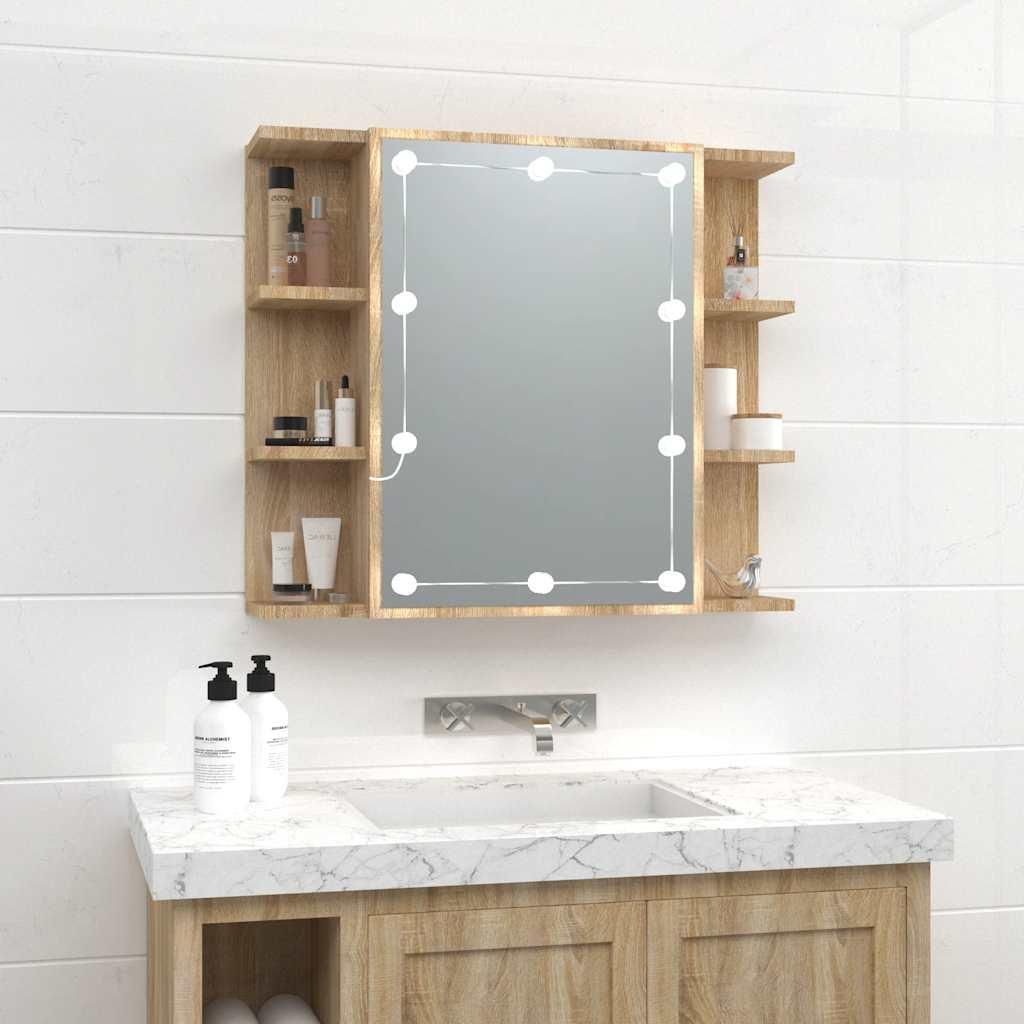 A bathroom cabinet with a mirror and shelves, mounted on a tiled wall above a sink.
