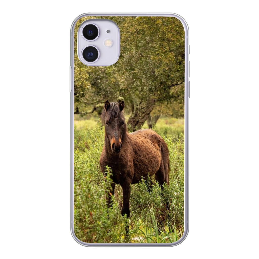 MuchoWow Handyhülle Schutzhülle Hülle für iPhone 11 Pferd - Wald - Gras Silikon Softcase Handy Hülle - Handytasche