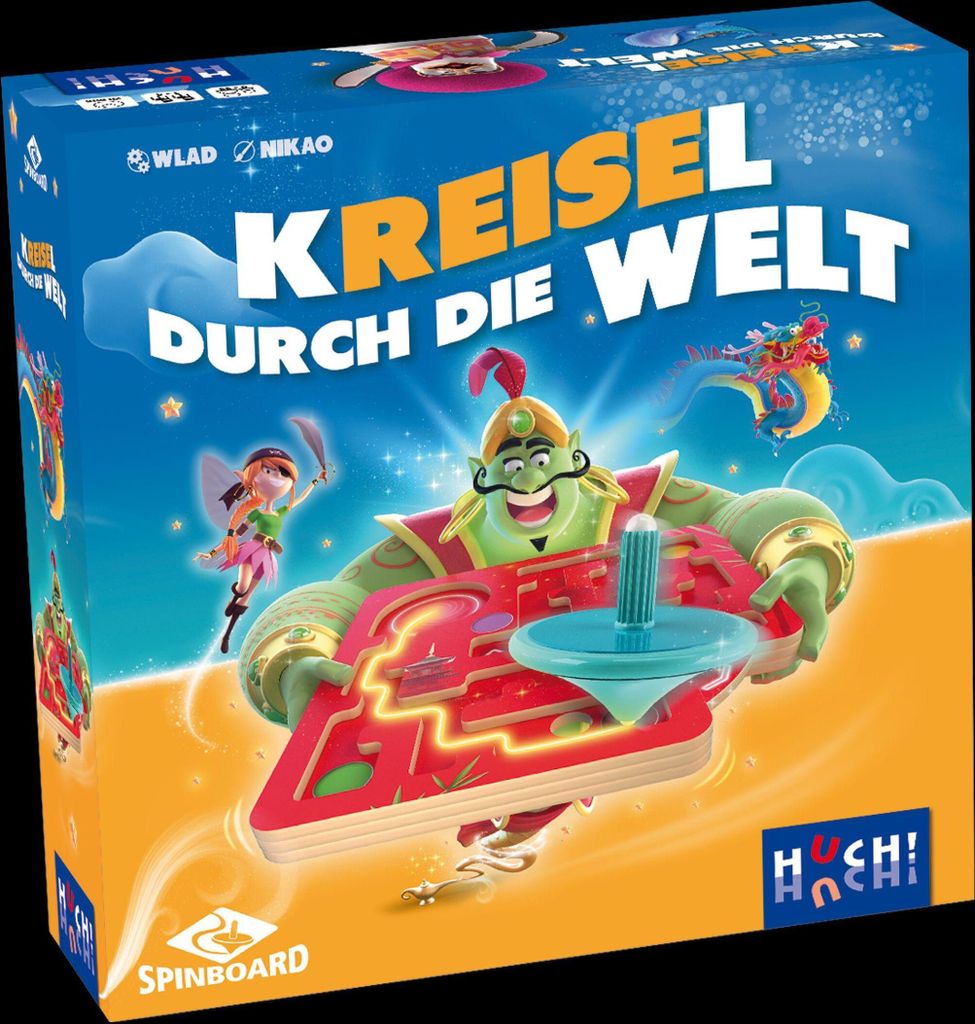HUCH! | Kreisel durch die Welt | kooperatives Geschicklichkeitsspiel | mit innovativem Kreisel-Starter | Kindergeburtstag | Reist durch 8 Welten un...