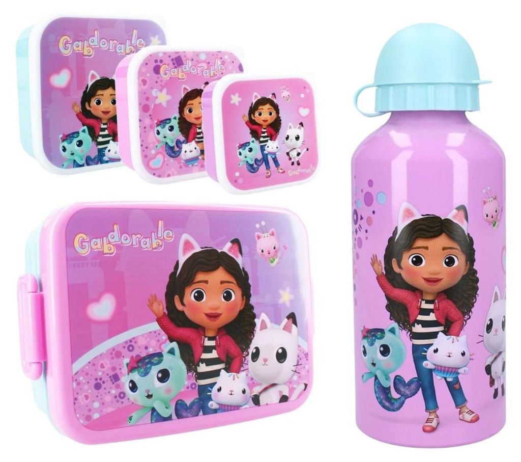 Gabbys Puppenhaus Mittagsset mit Brotdose, Snackboxen und Trinkflasche, auslaufsichere Verschlüsse