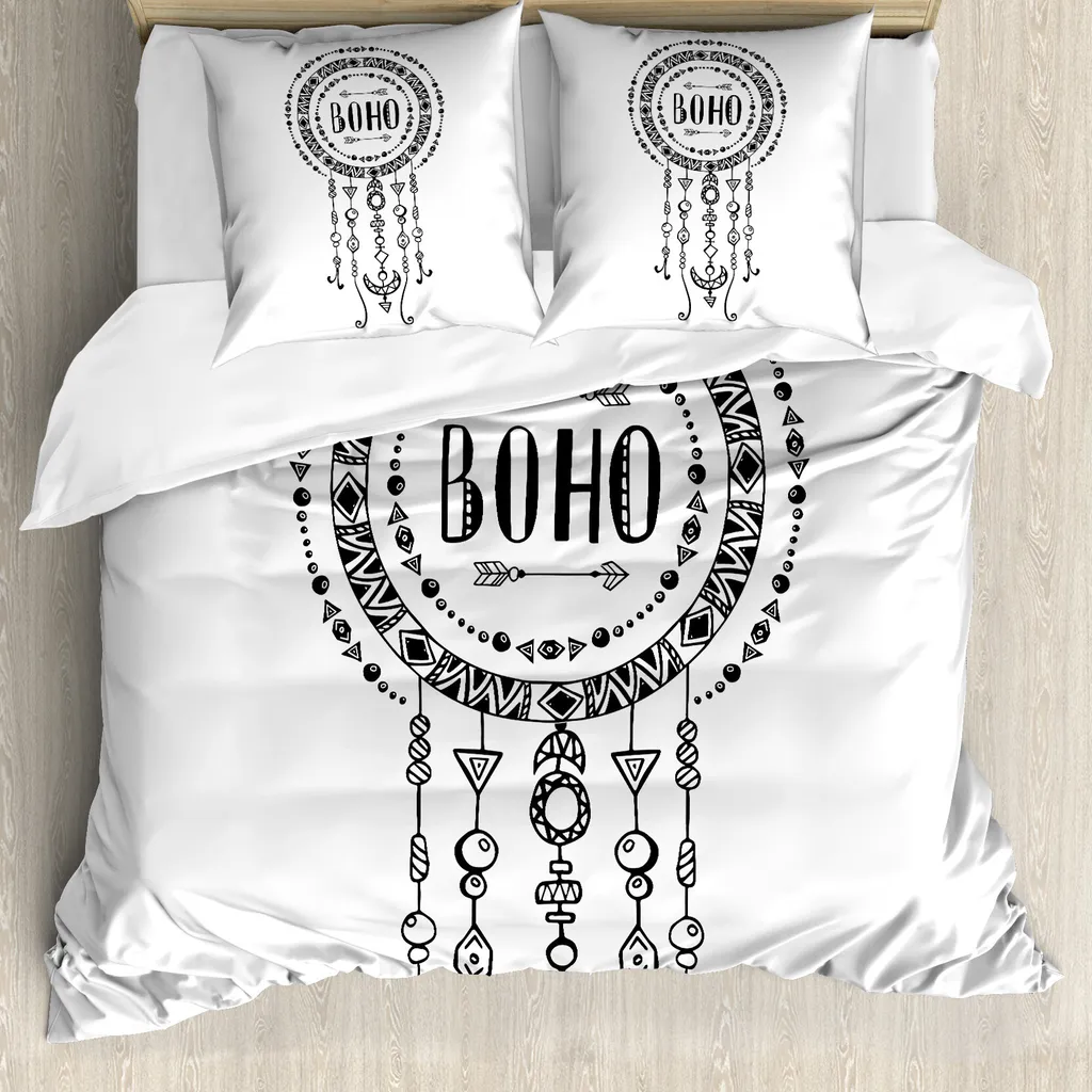 ABAKUHAUS Copripiumino Stammes, Folkloric, antiacaro, adatto a chi soffre di allergie, con federe, 155 cm x 220 cm - 80 x 80 cm, bianco e nero