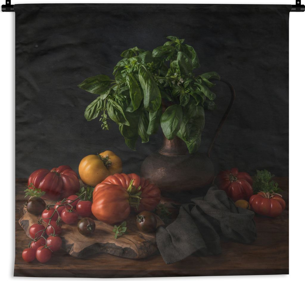 MuchoWow Wandteppich Wandbehang Stilleben - Tomaten - Basilikum - Gemälde - Gemüse - Schwarz 60x60 cm Tapisserie Dekoration Wandtuch - Dekorati...