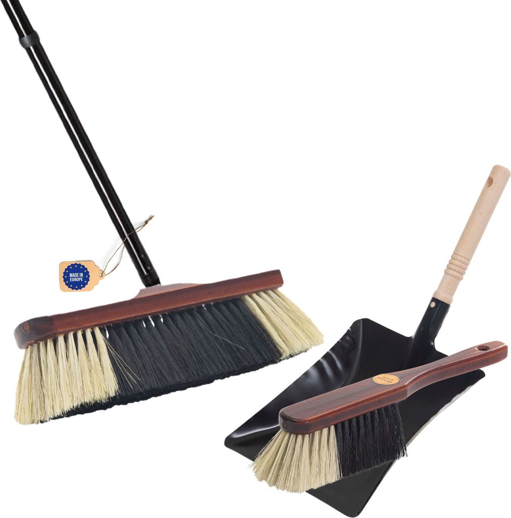 Novaliv Zimmerbesen 4 tlg Steckstiel ROSSHAAR MISCHUNG Besen weiche Borsten Schrankbesen mit Stiel und Handfeger Kehrblechgarnitur Metall Schwarz K...