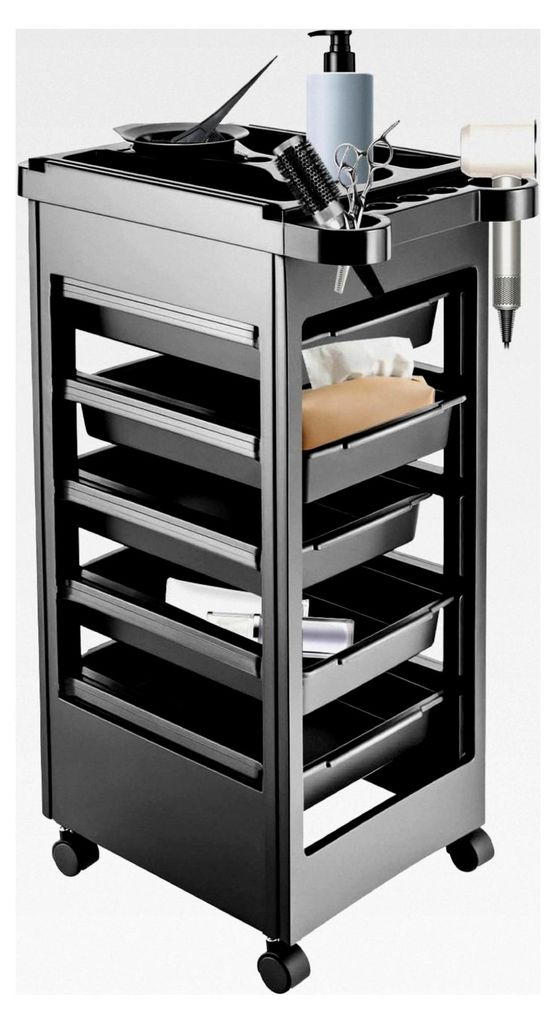 Friseurwagen mit 6 Etagen, Arbeitswagen mit Rädern, 5 Schubladen und Werkzeughalter, Friseurrollwagen für Beauty Salon, Schwarz, 50 x 32 x 81 cm