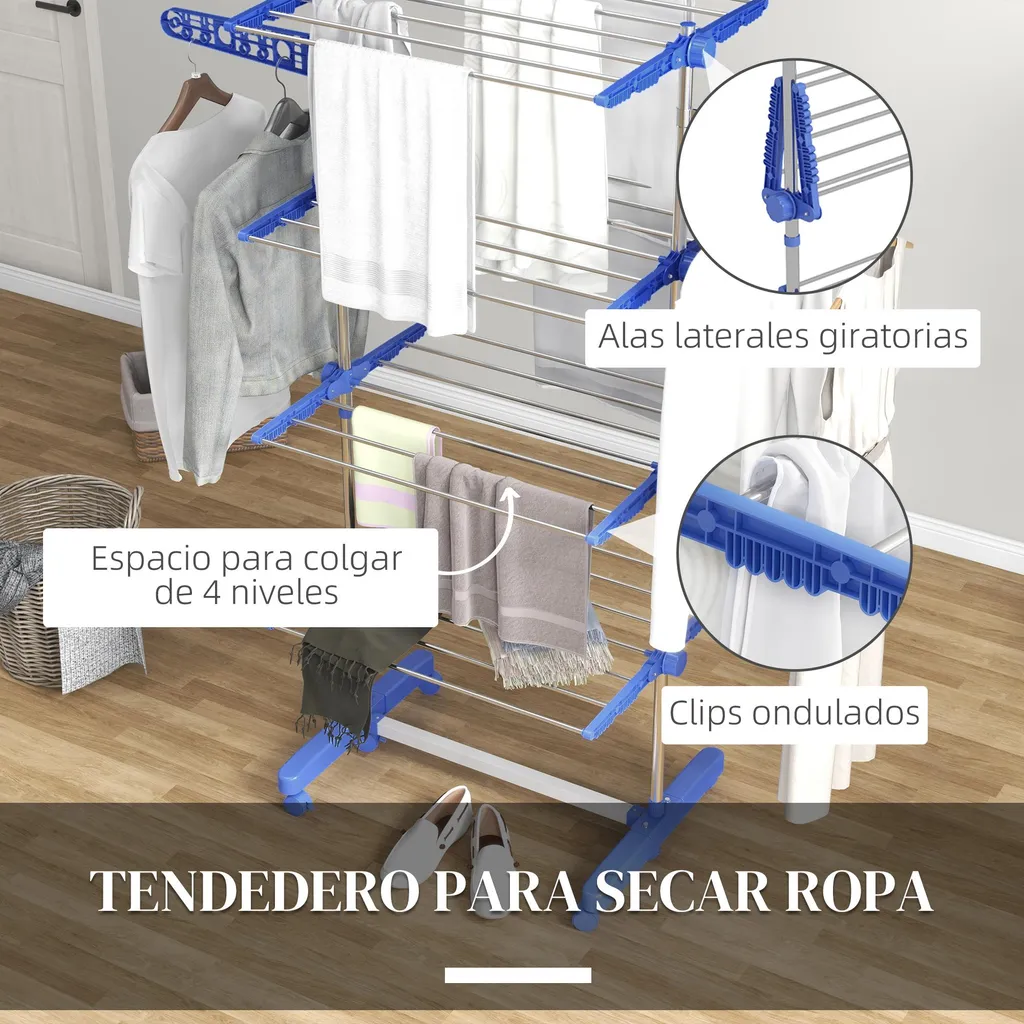 Étendoir à linge vertical 4 niveaux bleu ajustable pour grand séchage L