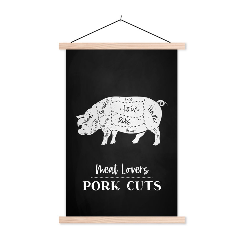 MuchoWow Textilposter Fleisch - Schwein - Fleischer 60x90 cm mit holzfarbenen Rahmen - Textil