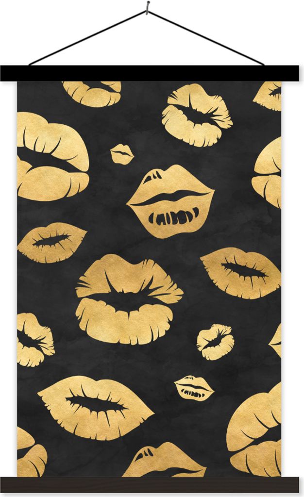MuchoWow Textilposter Muster - Kuss - Gold - Schwarz 60x90 cm mit schwarzem Rahmen - Poster Wohnzimmer