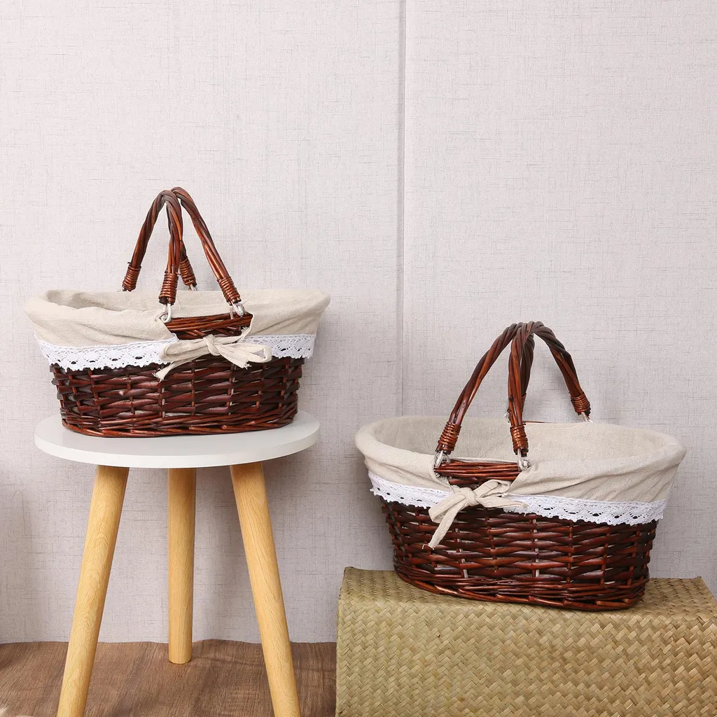 Panier osier brun naturel tressé portable avec double compartiment