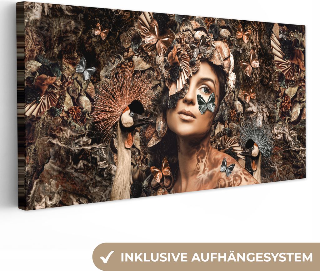 MuchoWow - Leinwandbilder - Luxus - Frau - Tiere - Schmetterlinge - Vögel, Wandbild, Wanddeko Bilder Wohnzimmer, 80x40 cm