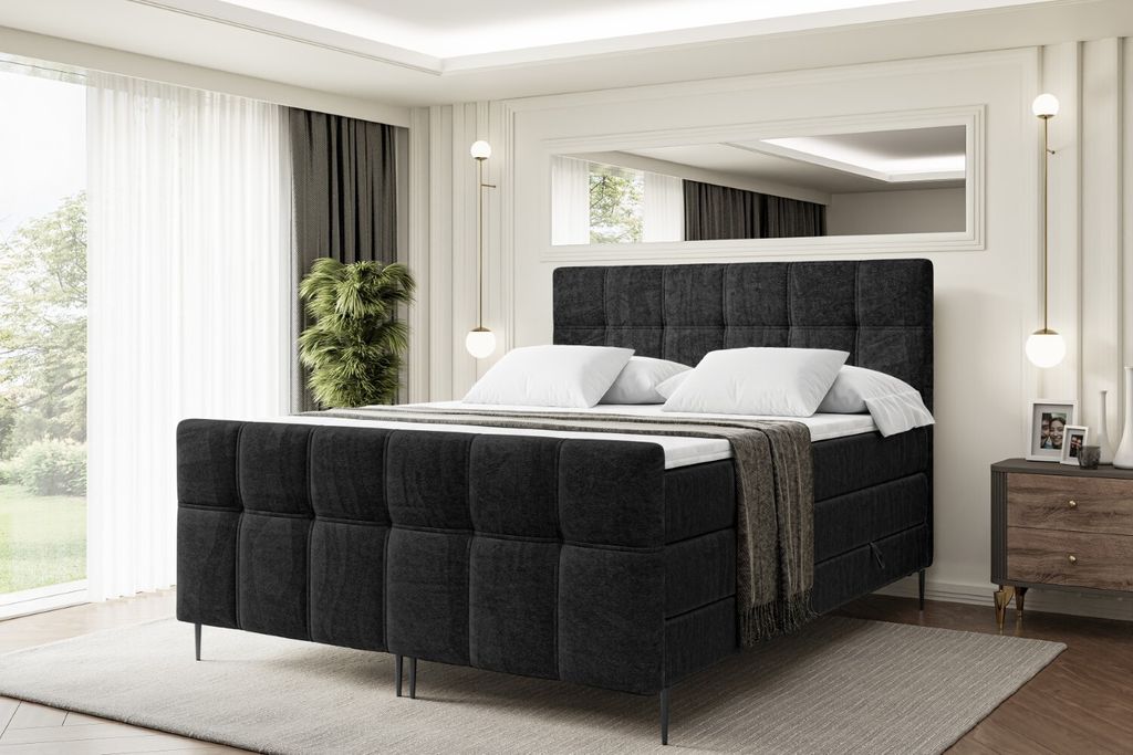 ALTDECOR Boxspringbett mit Schwarz Füßen, Matratze und Lattenrost, Topper, Fußteil, Polsterbett mit Bettkasten, Bett mit Stauraum H3- und H4- Ma...