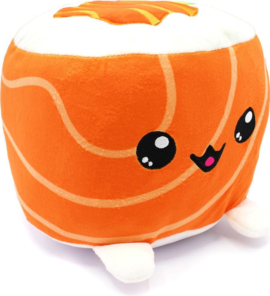 A plush toy shaped like a sushi roll with a salmon topping.
