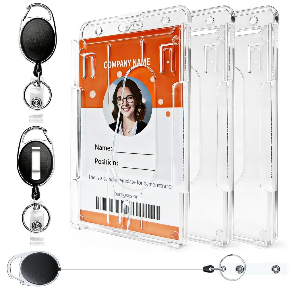 Set aus 3 Ausweishüllen, zweilagige Ausweishülle mit einziehbarem Schlüsselringclip, transparente Hartplastikhülle für Dienstausweise, Persona...
