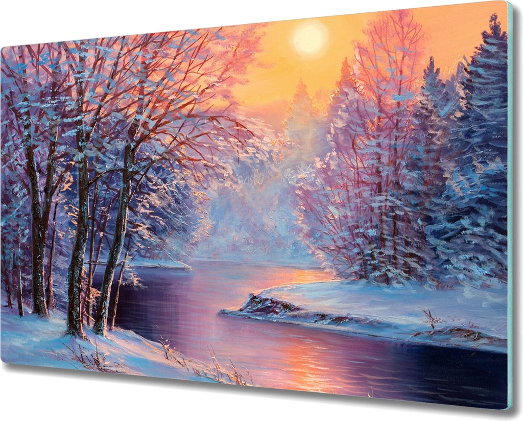 Coloray Herdabdeckplatte 80x52 cm Schneidebrett Kochplattenabdeckung Küchenbrett Hackbrett - Winter Baum Fluss Sonne
