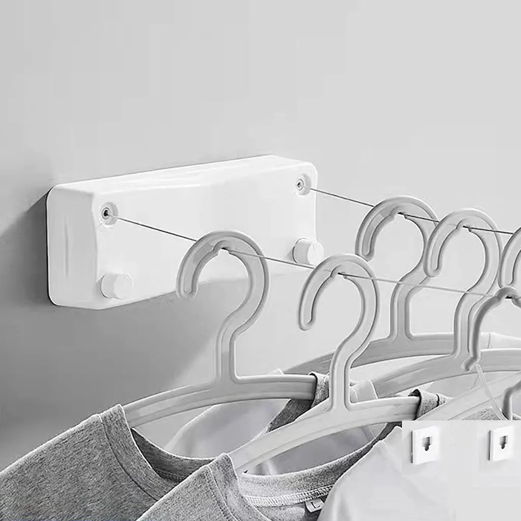 Fil à linge rétractable multifonctionnel blanc robuste toutes surfaces