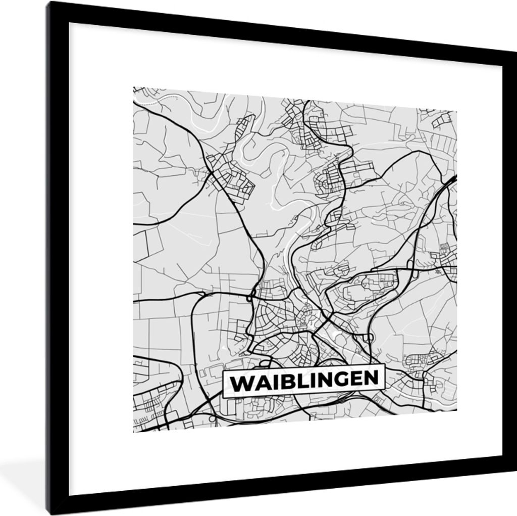 MuchoWow Gerahmtes Poster Karte - Waiblingen - Deutschland - Stadtplan - Karte 40x40 cm - Poster mit Schwarzem Bilderrahmen Wandposter Rahmen Fot...