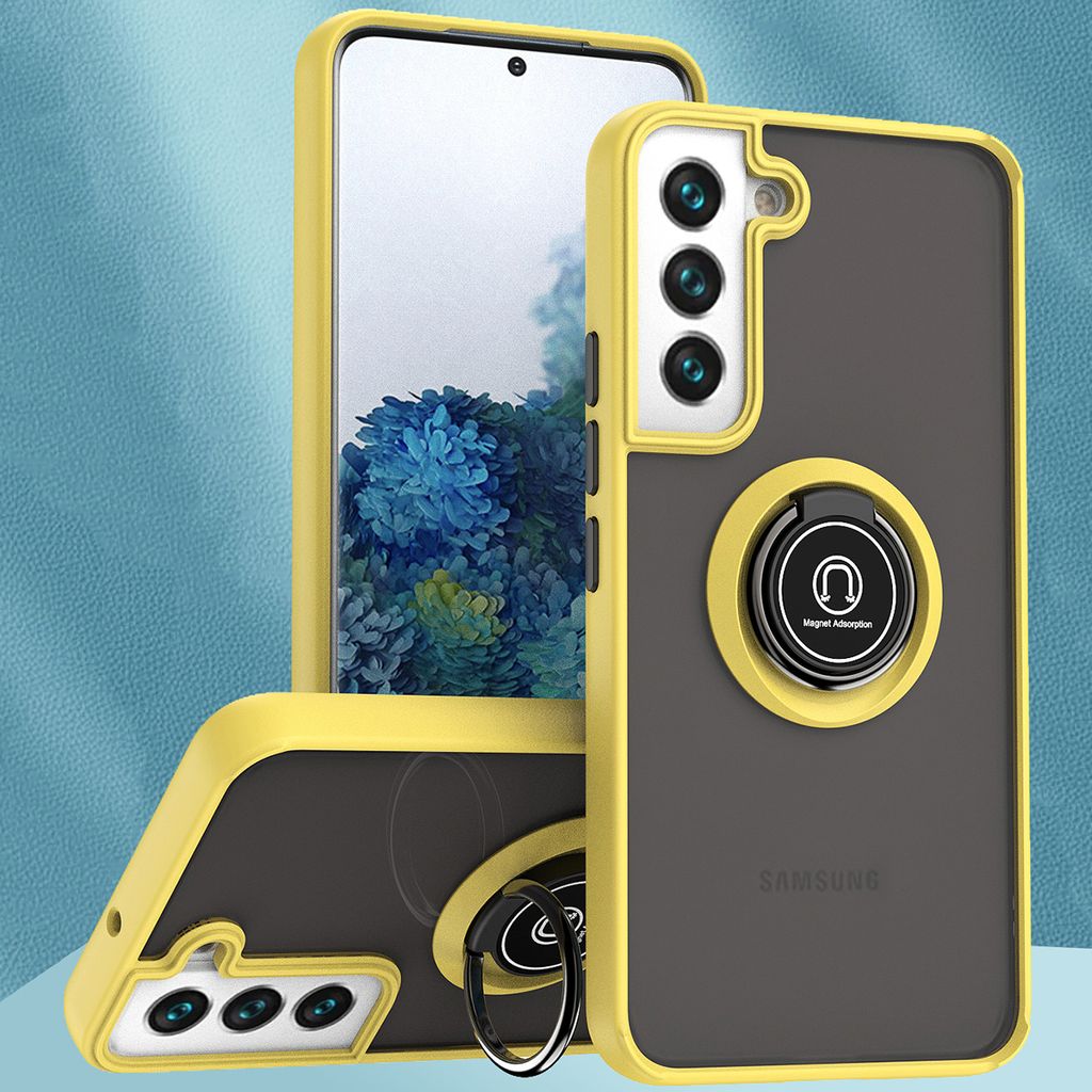 Samsung S22 5G Hülle, Ring Halter Ständer Matte Transluzent TPU Rahmen Stoßfest Schutzhülle für Samsung Galaxy S22 5G Gelb