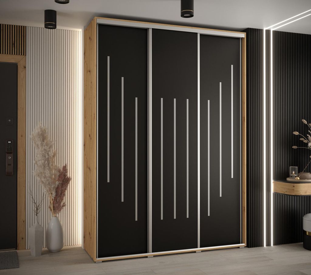 Kleiderschrank YVONA 8 - 170/45 cm, Eiche handwerklich / schwarz / silber