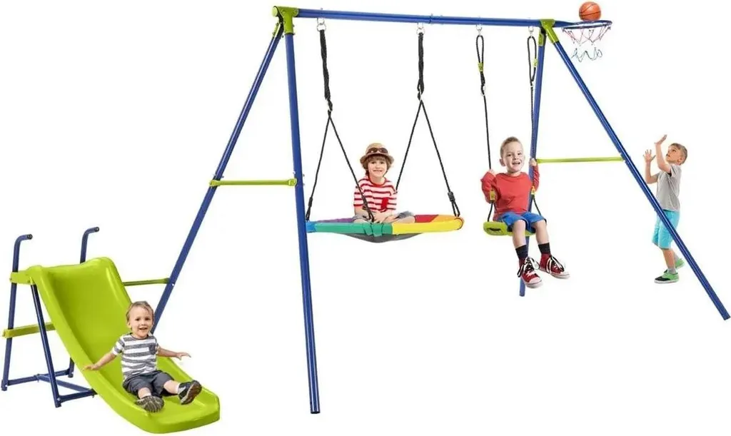 Structure balançoire 4 en 1 stable en métal bleu avec panier de basket