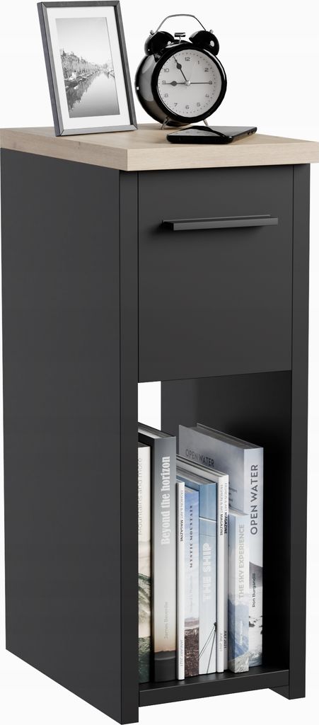 Nachttisch Beistelltisch schmal schwarz 20x30,5x55 cm - mit Schublade Ablage Loft