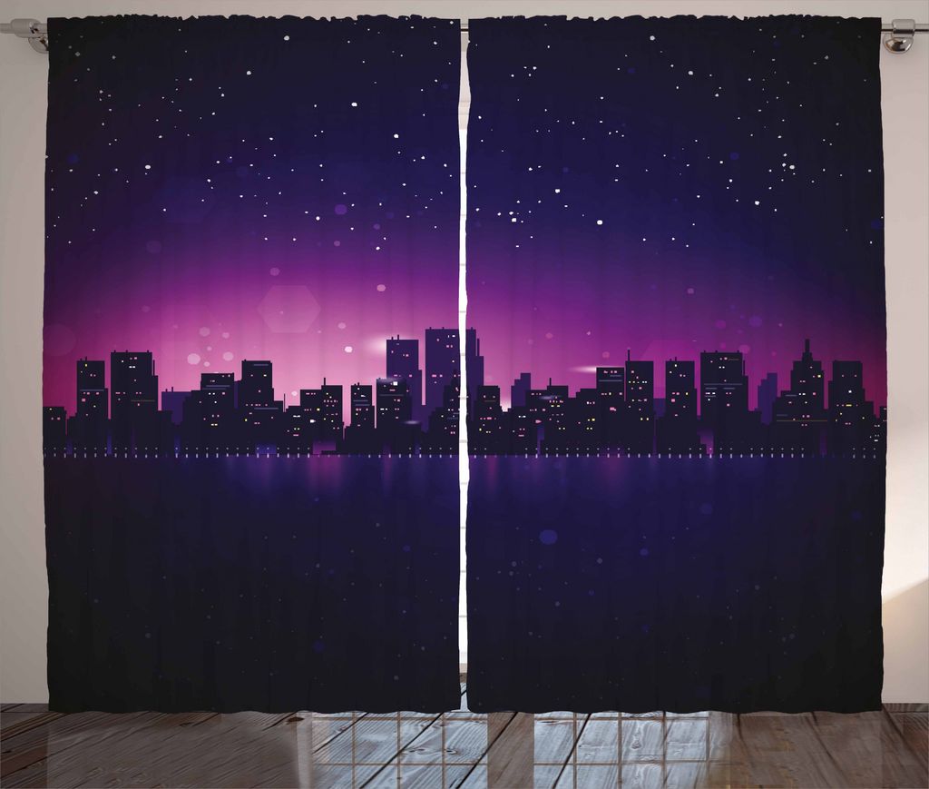 ABAKUHAUS Nacht Rustikaler Gardine, Stadt-Skyline-Stadtleben, Schlafzimmer Kräuselband Vorhang mit Schlaufen und Haken, 280 x 175 cm, Indigo Pale ...