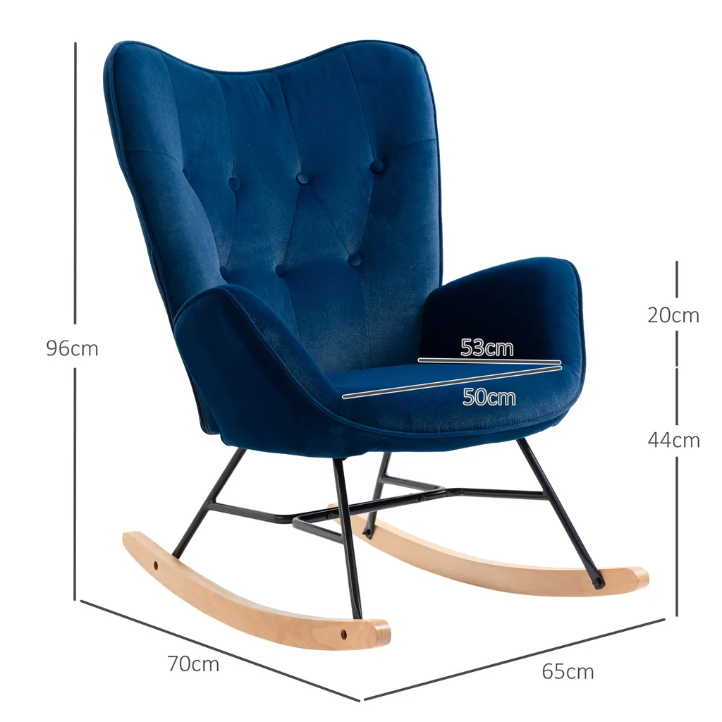 Fauteuil à Bascule Structure Bois et Métal, Assise Moelleuse Bleue